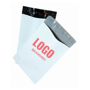 Two white shipping envelopes, one with a red logo and text reading 'LOGO BRANDING', and the other with a black and red sealing strip.