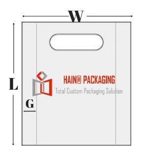White carrier bag with a die-cut handle, dimension arrows marking length, width and gusset