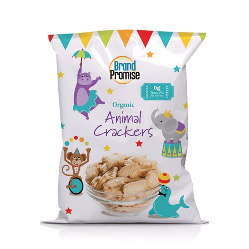 A white bag of organic animal crackers with circus-themed illustrations of a hippo, elephant, monkey, and seal. A bowl of crackers is visible in the lower center.