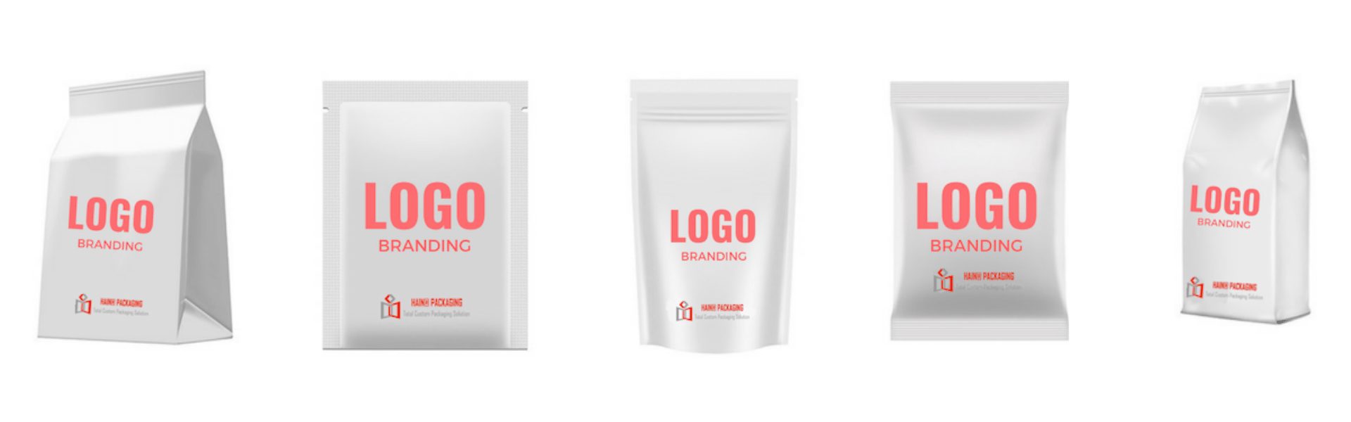 Five white packaging mockups with pink text. The mockups include a gusseted bag, a flat pouch with a zipper, a stand-up pouch with a zipper, a flat sealed pouch, and a gusseted bag.