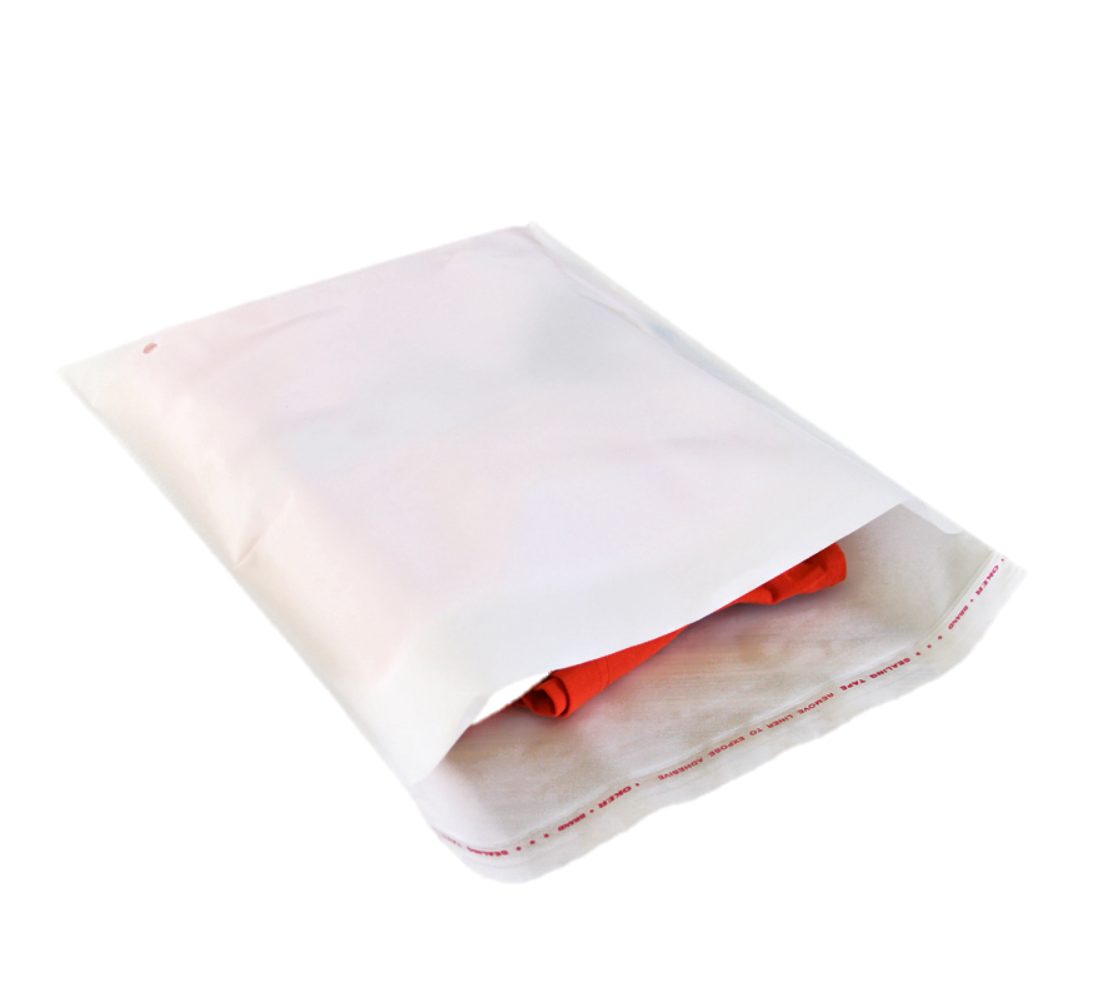 A white mailing envelope is shown from an angled perspective. A red garment is partially visible inside the envelope, peeking out from the opening. The envelope has a self-sealing strip with red text printed along the flap.