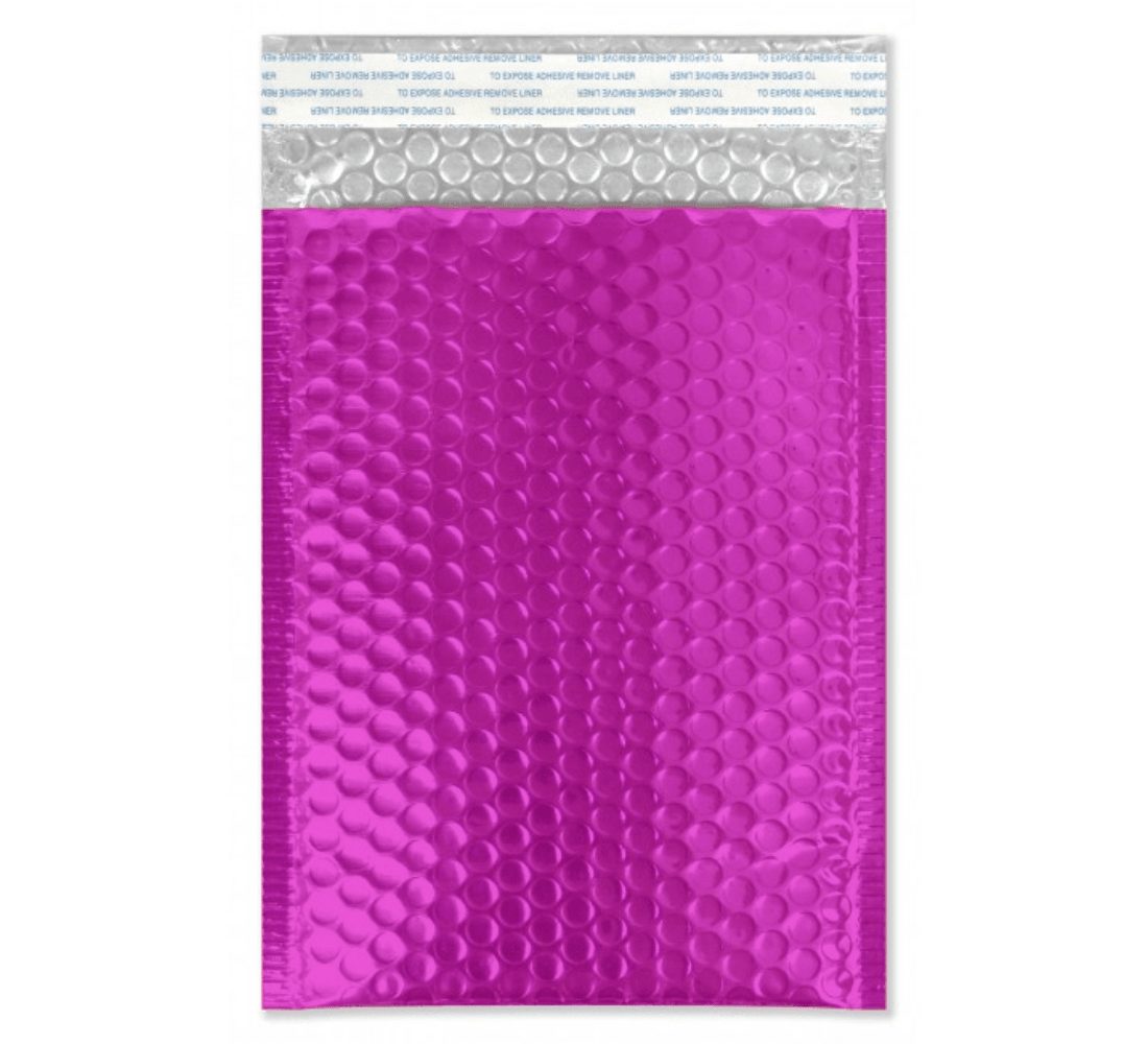 A bright pink padded mailer envelope with a silver bubble-lined interior and a peel-off adhesive strip at the top.