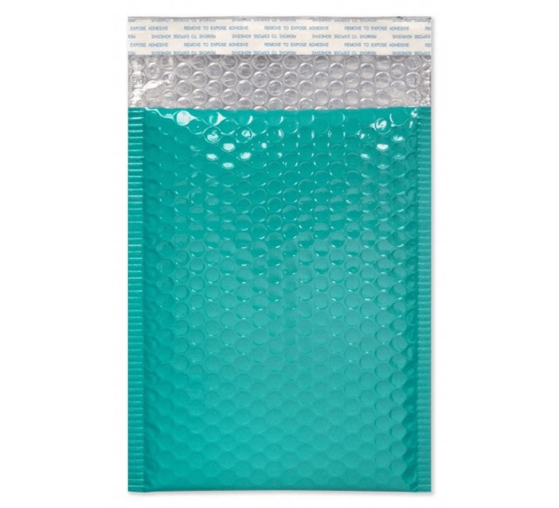 A teal padded mailer envelope with a silver bubble-lined interior and a peel-off adhesive strip at the top.
