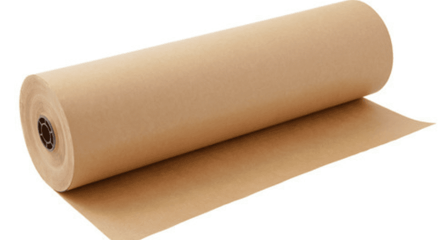 A roll of brown kraft paper is shown on a white background. The paper is unrolled slightly, revealing a smooth surface. The roll has a black core with a visible hexagonal pattern.