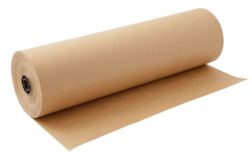 A roll of brown kraft paper is shown on a white background. The paper is unrolled slightly, revealing a smooth surface. The roll has a black core with a visible hexagonal pattern.