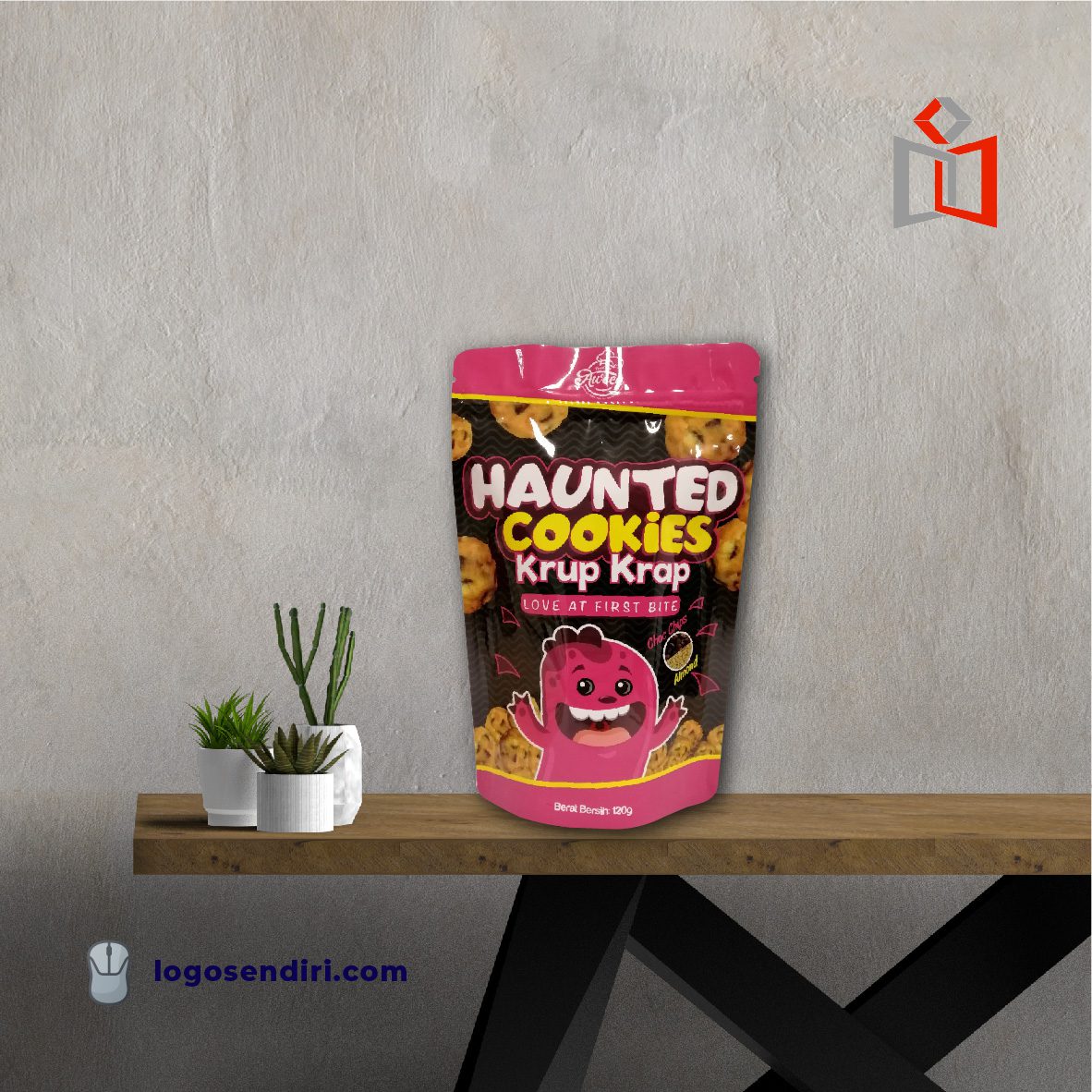 A product image with a pink and black package of Haunted Cookies (Krap-krau ; ; ; ; ;