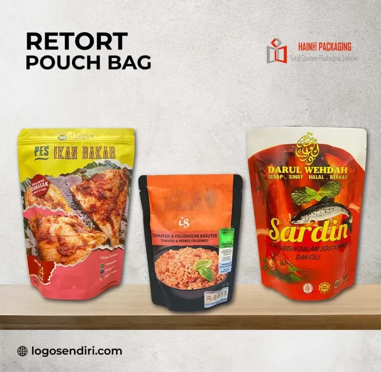 The image appears to be an advertisement for retort pouches sold in a bag. 1. On a small piece of tan paper, in the