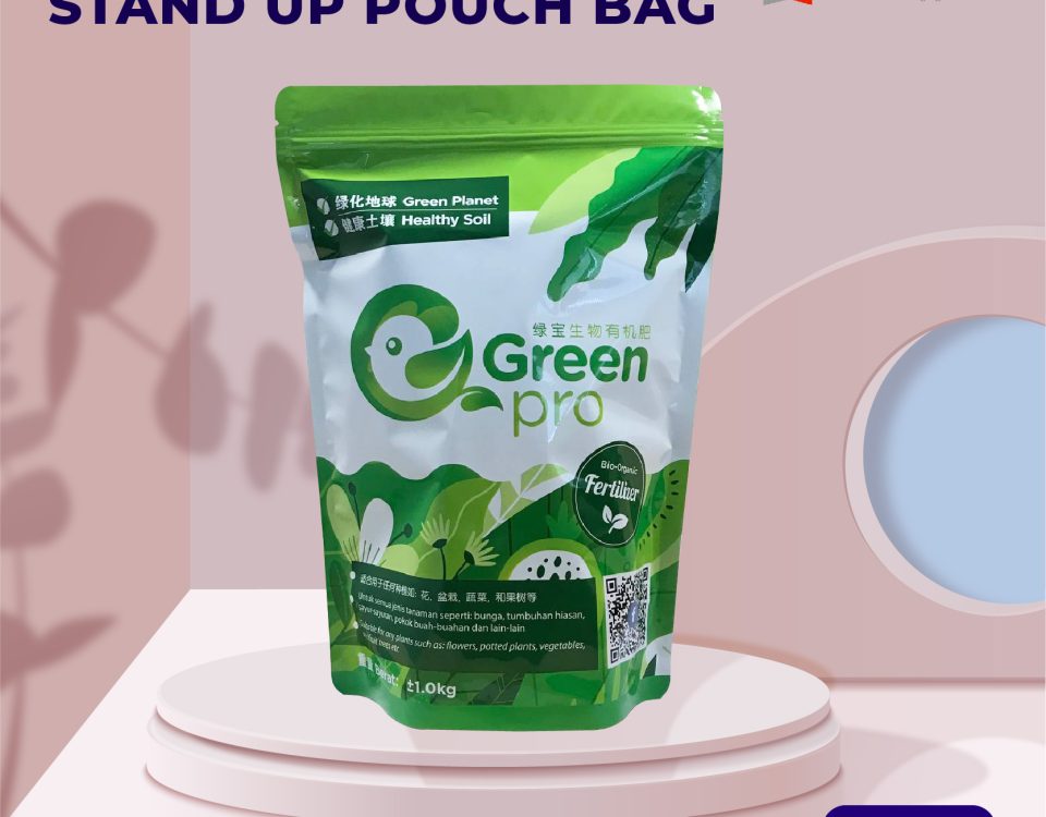The image appears to be an advertisement for a stand-up pouch packaging product. * The image features a product shot of a stand-up pouch bag with