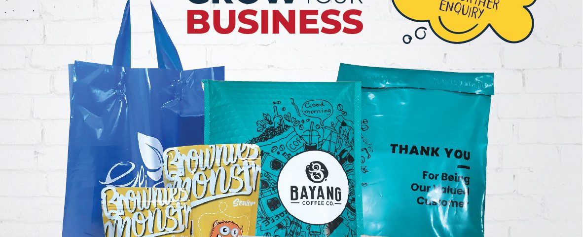 The image is an advertisement for a company called "Hain@Packaging" that provides packaging services. The image features various types of packaging bags and