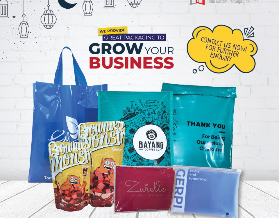The image is an advertisement for a company called "Hain@Packaging" that provides packaging services. The image features various types of packaging bags and