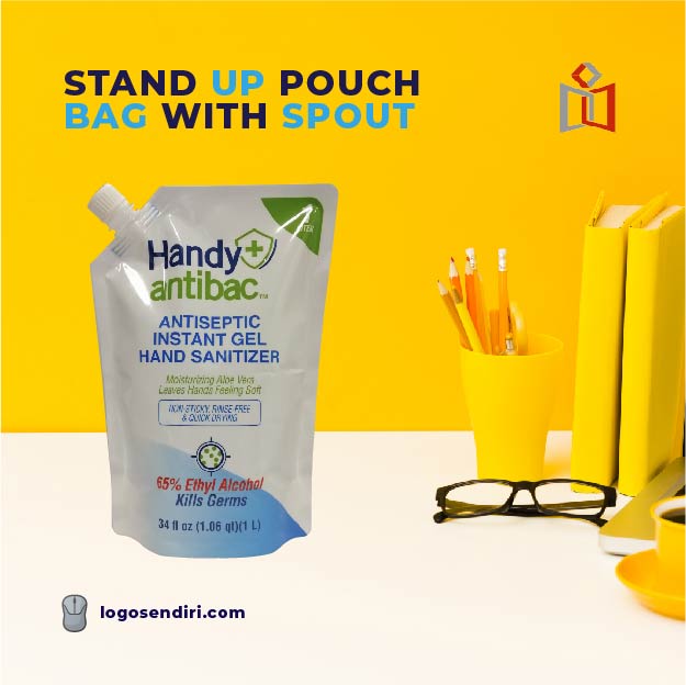 Flat lay view of various custom printed stand up pouches showing different sizes and designs