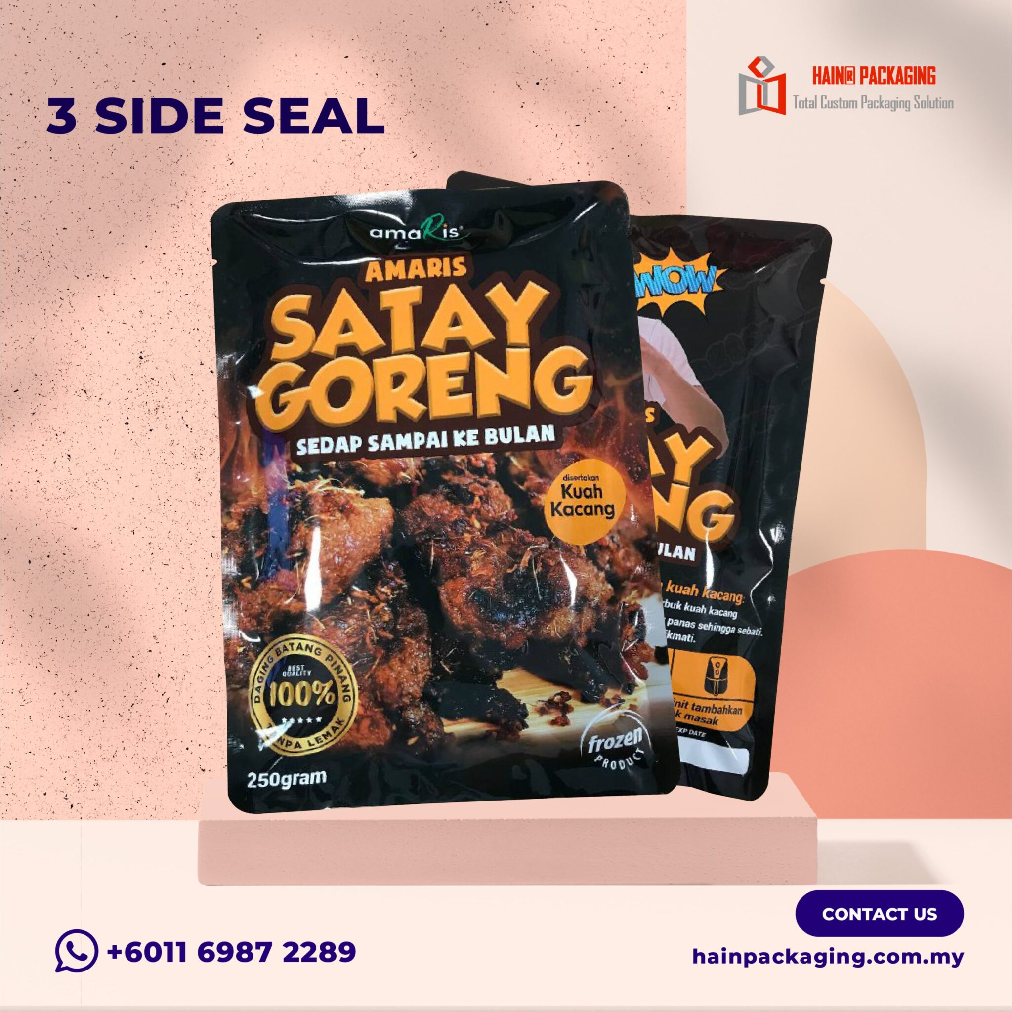 Step 1: Identify the main subject and topic The main subject is a food product, specifically a Satay Goreng. Step