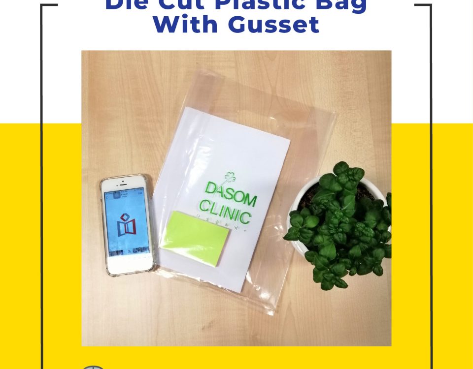 The provided image appears to be an advertisement for a custom plastic bag with a gusset , 5 tags: subject: customplastib