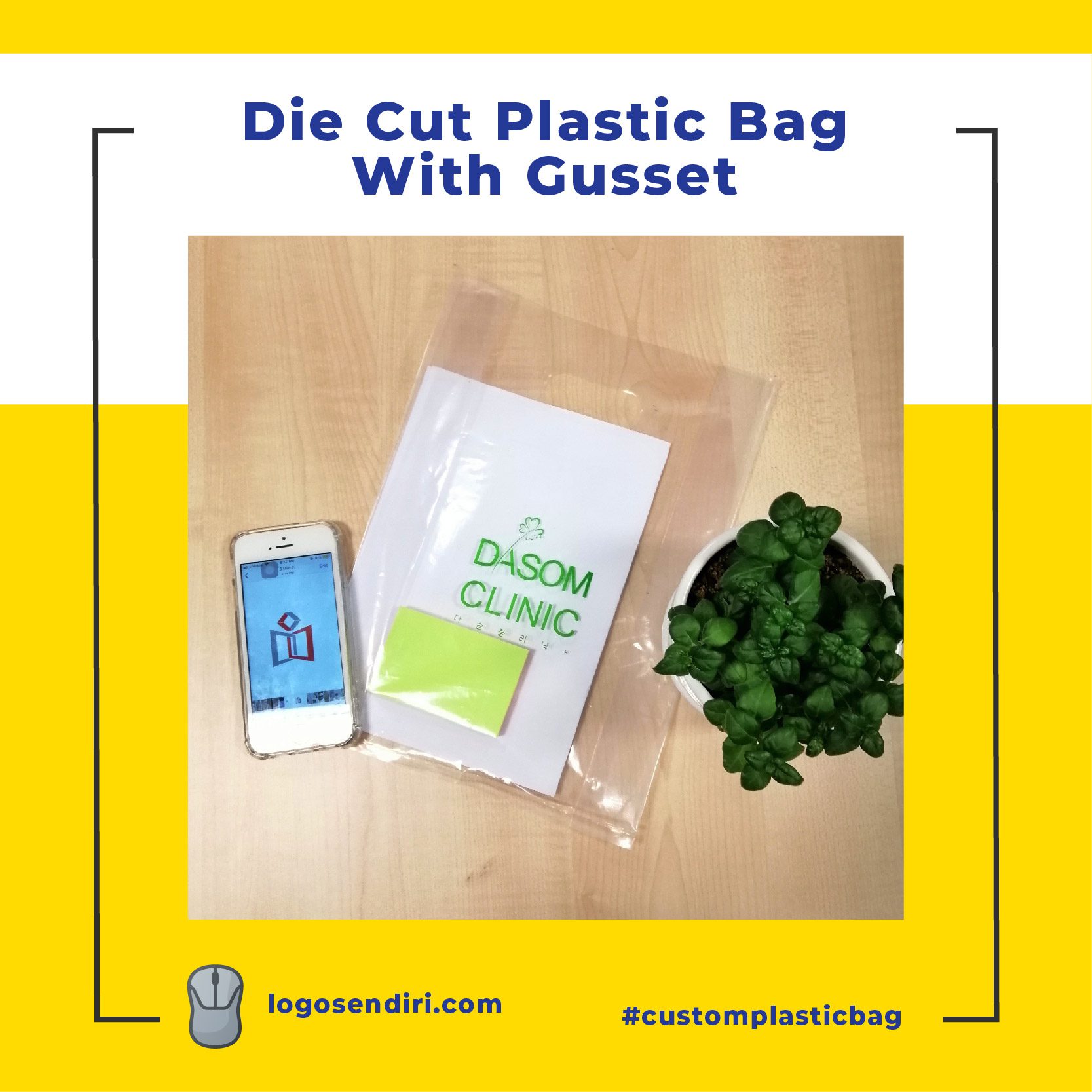 The provided image appears to be an advertisement for a custom plastic bag with a gusset , 5 tags: subject: customplastib