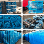 The final answer is 1. The image shows a collection of blue, plastic-wrapped, rectangular objects stored on or inside blue, plastic-w
