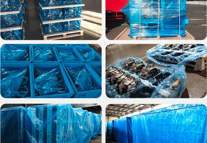 The final answer is 1. The image shows a collection of blue, plastic-wrapped, rectangular objects stored on or inside blue, plastic-w