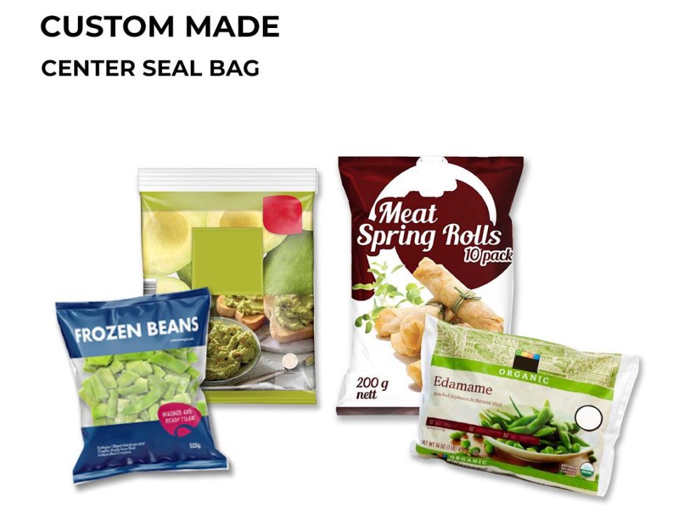The image presents a custom-made center seal bag with five frozen vegetables and one meat product, all displayed against a white background. The objective of the image