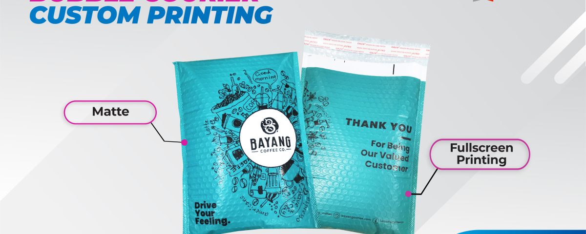 The image presents a sample of bubble courier custom printing, specifically for Bayang Coffee Co., utilizing a standard image size. The layout of the page features
