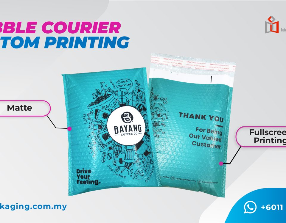 The image presents a sample of bubble courier custom printing, specifically for Bayang Coffee Co., utilizing a standard image size. The layout of the page features