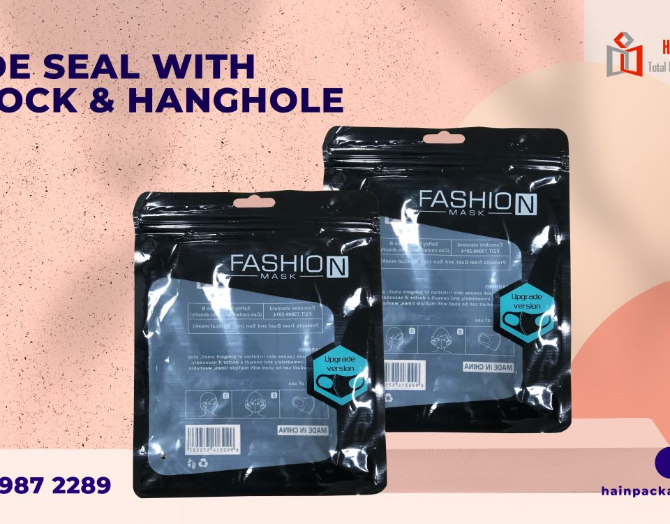 The image is an advertisement for a product called "3 Side Seal with Ziplock & Hanghole" from a company called "Hain Packaging". The