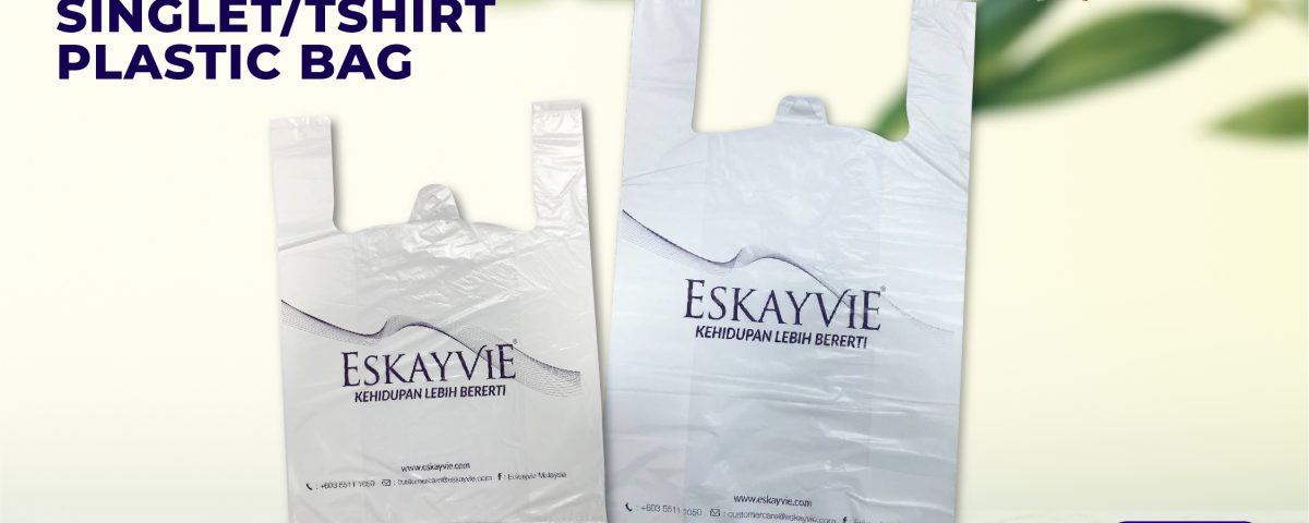 The image is an advertisement for "SINGLET/TSHIRT PLASTIC BAG" from Hain Packaging. The image features two white plastic