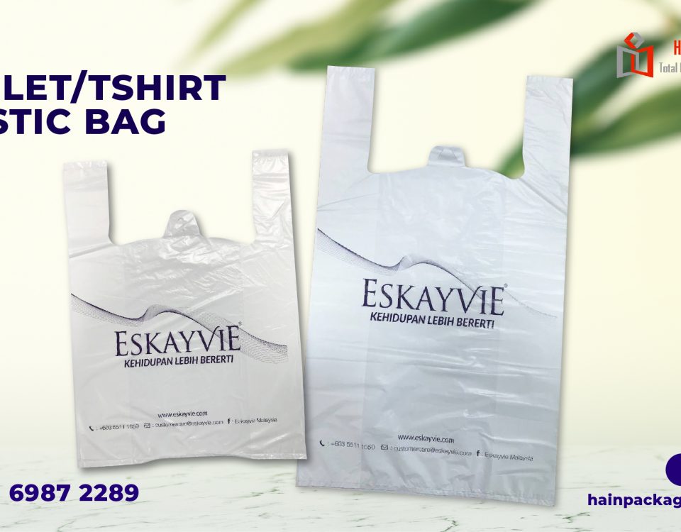 The image is an advertisement for "SINGLET/TSHIRT PLASTIC BAG" from Hain Packaging. The image features two white plastic