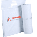 In this image, there is a white paper bag with a handle in the top left corner, and next to it a white cylindrical object that does not