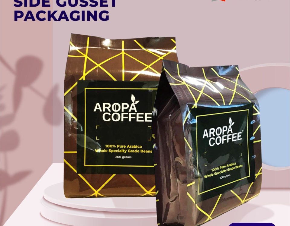 The image is an advertisement for Hain Packaging, a company that offers gusset packaging for its clients' products. The primary object in the image
