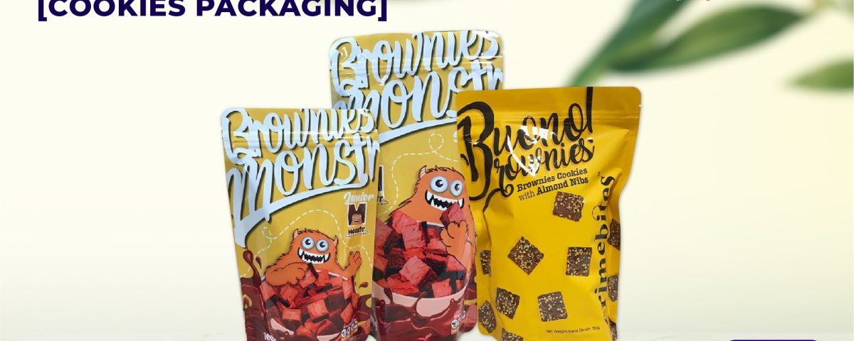The image is an advertisement for a packaging company, specifically promoting their stand-up pouch bags for cookies. The title at the top left reads "STAND
