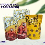 The image is an advertisement for a packaging company, specifically promoting their stand-up pouch bags for cookies. The title at the top left reads "STAND