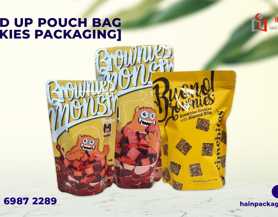 The image is an advertisement for a packaging company, specifically promoting their stand-up pouch bags for cookies. The title at the top left reads "STAND