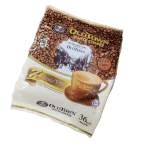 The picture shows a bag of Old Town White Coffee. The bag is made of a brown and white material, and it features a coffee bean pattern on