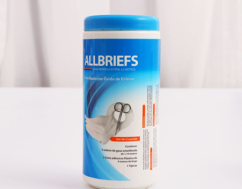 The image shows a cylindrical container of Allbriefs, a product that appears to be an adhesive or adhesive strips. The container has a blue label with