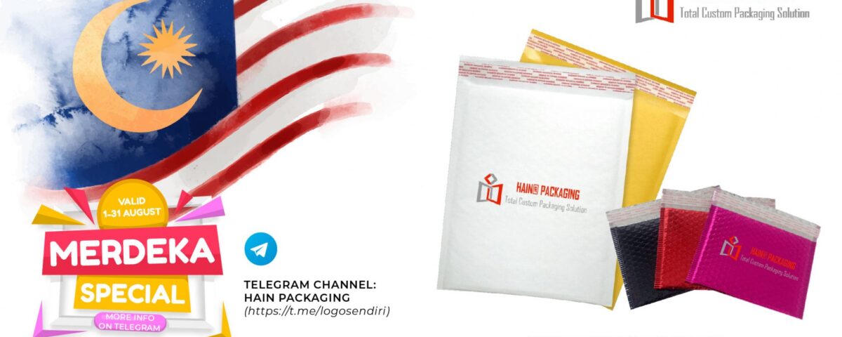 A collage featuring the Malaysian flag, promotional text for a "Merdeka Special", and various colored bubble courier mailing bags with self-adhesive closures.