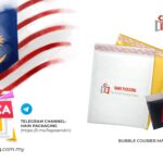 A collage featuring the Malaysian flag, promotional text for a "Merdeka Special", and various colored bubble courier mailing bags with self-adhesive closures.