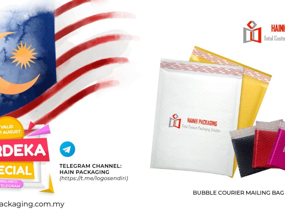 A collage featuring the Malaysian flag, promotional text for a "Merdeka Special", and various colored bubble courier mailing bags with self-adhesive closures.