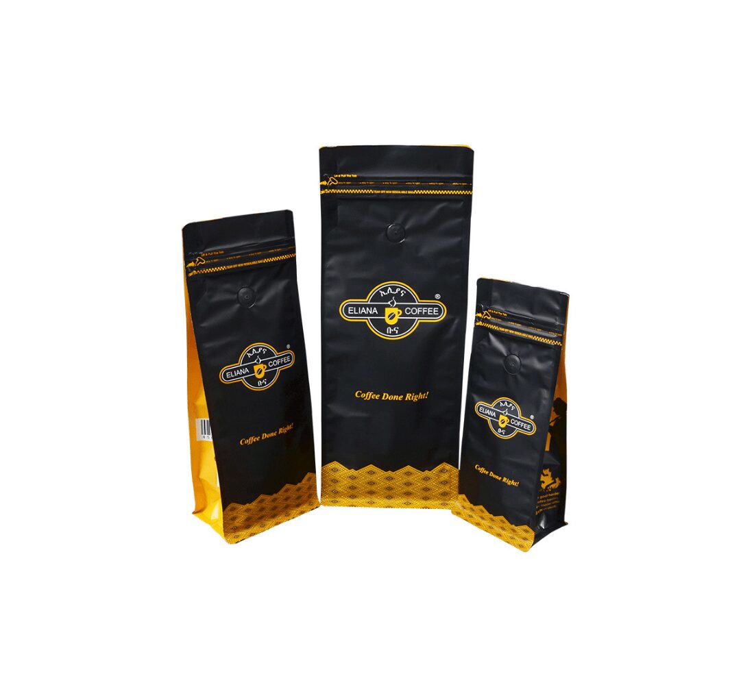 Coffee stand up pouches produced at low minimum order quantity