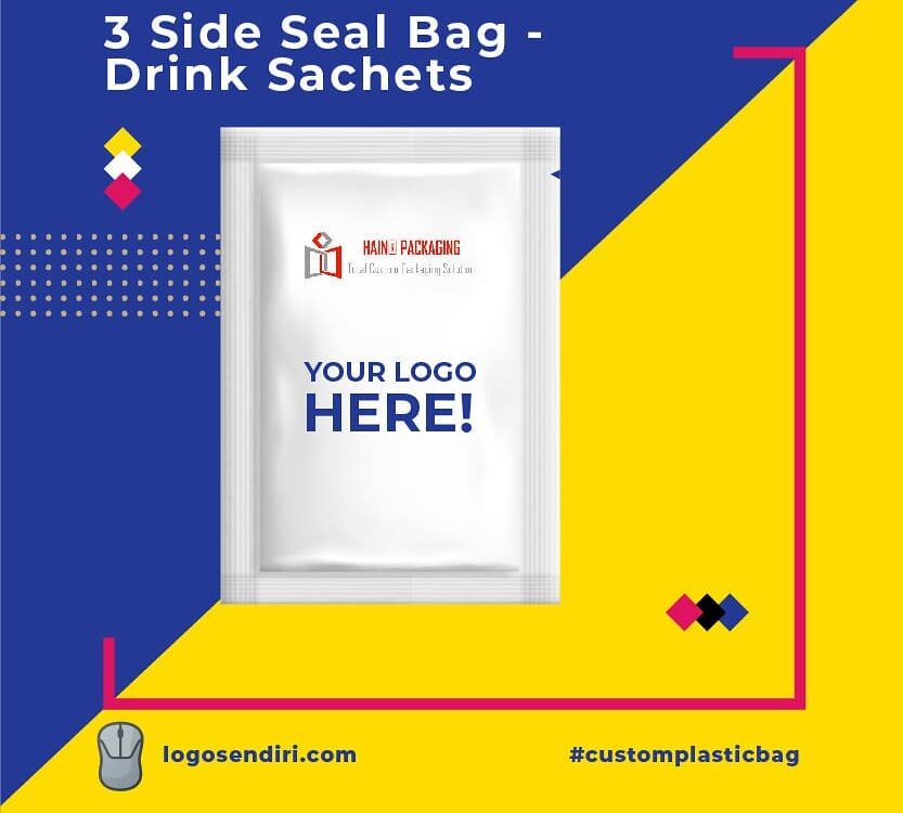 A white, three-side seal sachet bag with "YOUR LOGO HERE!" printed in blue, and a smaller logo above. The sachet is presented on a vibrant blue and yellow background with graphic elements.