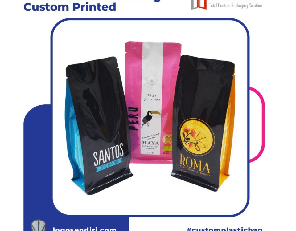Three custom printed flat bottom pouches, two black with blue and orange accents, and one pink with white stripes, are displayed. The pouches appear to contain coffee.