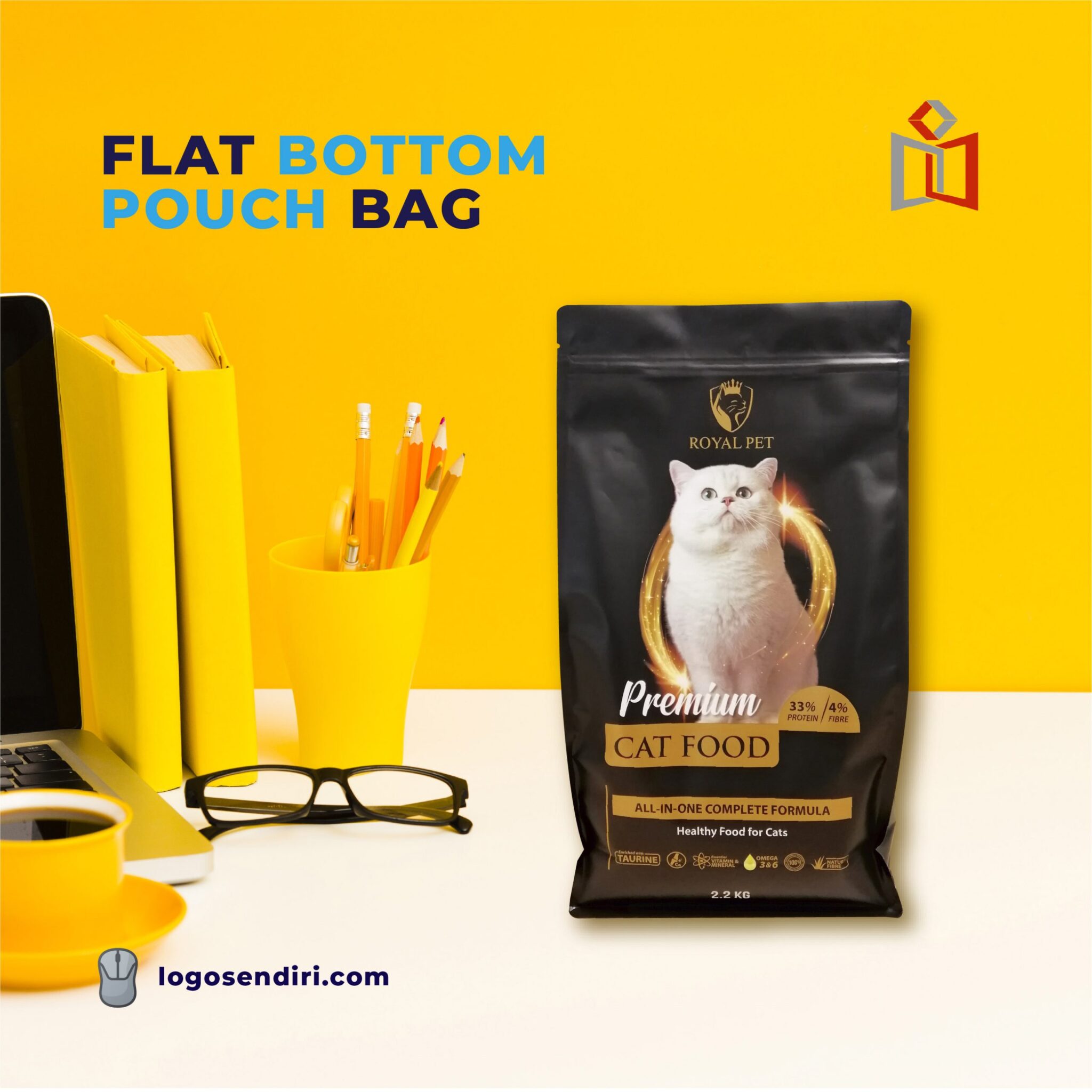 A black flat bottom pouch bag for cat food, featuring a white cat image, nutritional information, and brand details. The bag is placed on a white surface against a bright yellow background with office supplies.