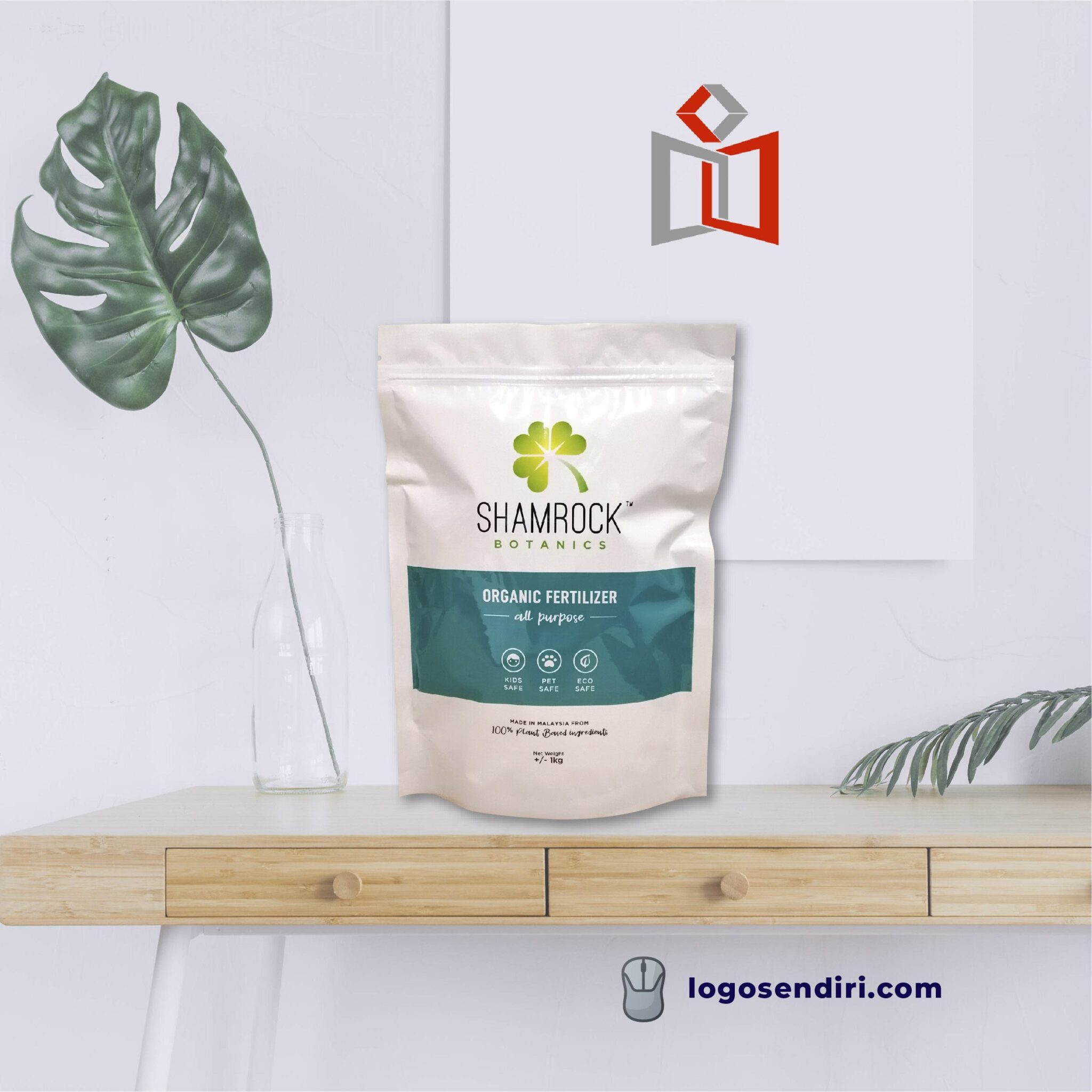 Custom printed resealable pouch for organic fertilizer with a green shamrock logo, an example of the print and format choices behind custom packaging cost