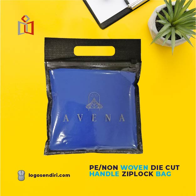 A blue pouch with a clear front, a black zipper closure, and a black die-cut handle is shown. The pouch contains a blue item with the word 'AVENA' printed on it. The packaging is set against a bright yellow background.