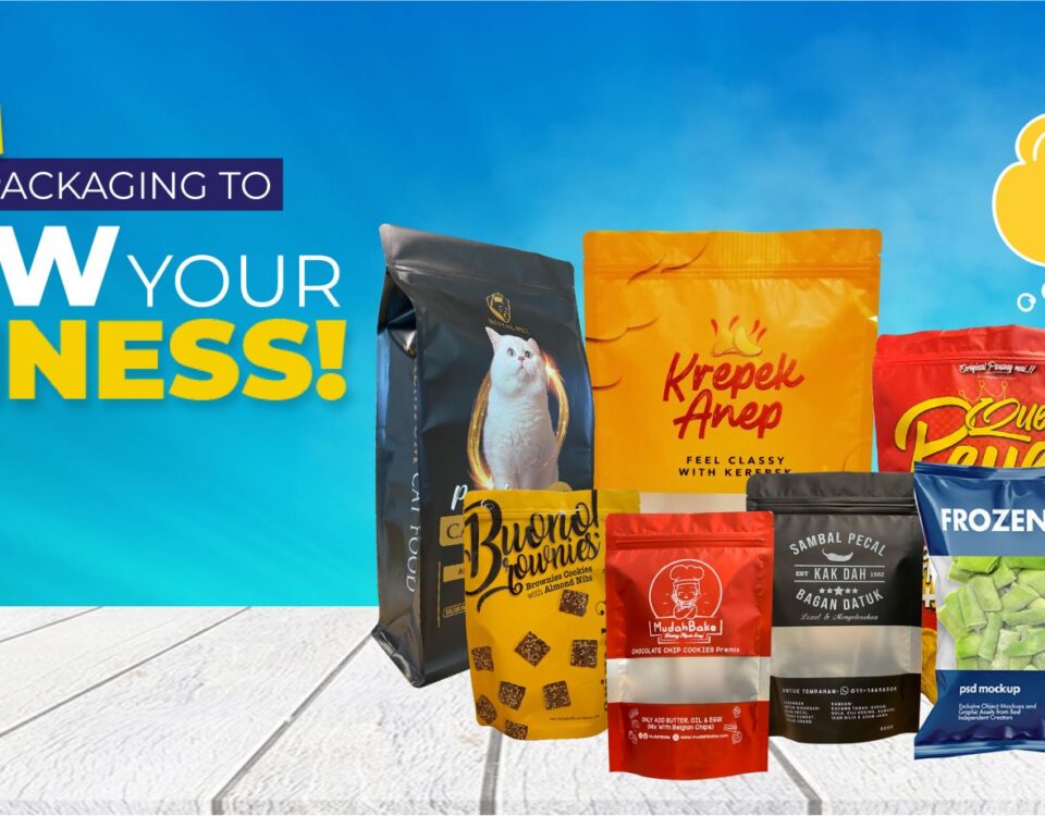 A collection of various stand-up pouches and bags for food products, including cat food, brownies, crackers, and frozen vegetables, displayed against a blue background with promotional text.
