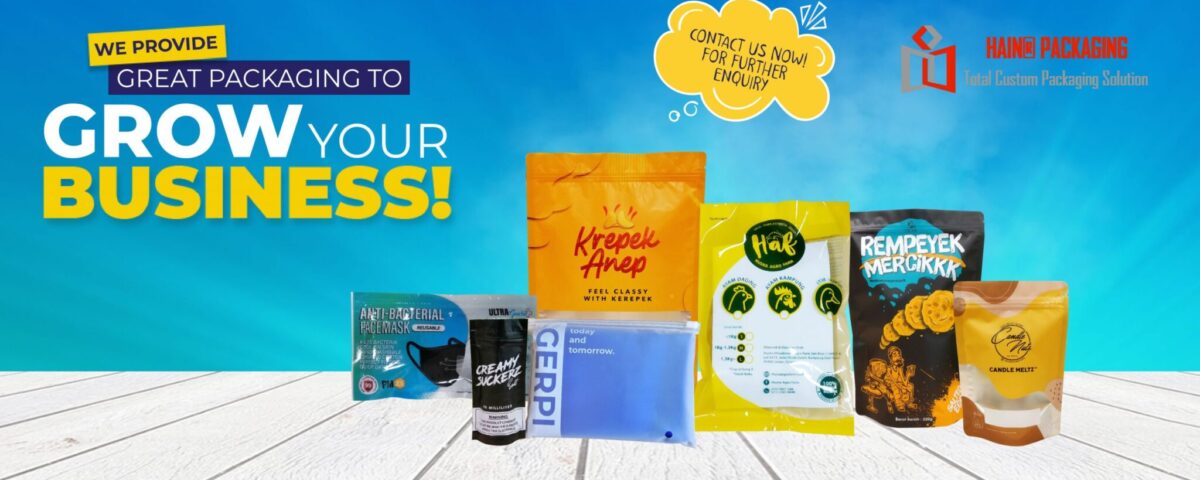 A collection of various product packaging pouches and bags displayed on a white wooden surface against a blue gradient background with promotional text.