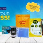 A collection of various product packaging pouches and bags displayed on a white wooden surface against a blue gradient background with promotional text.