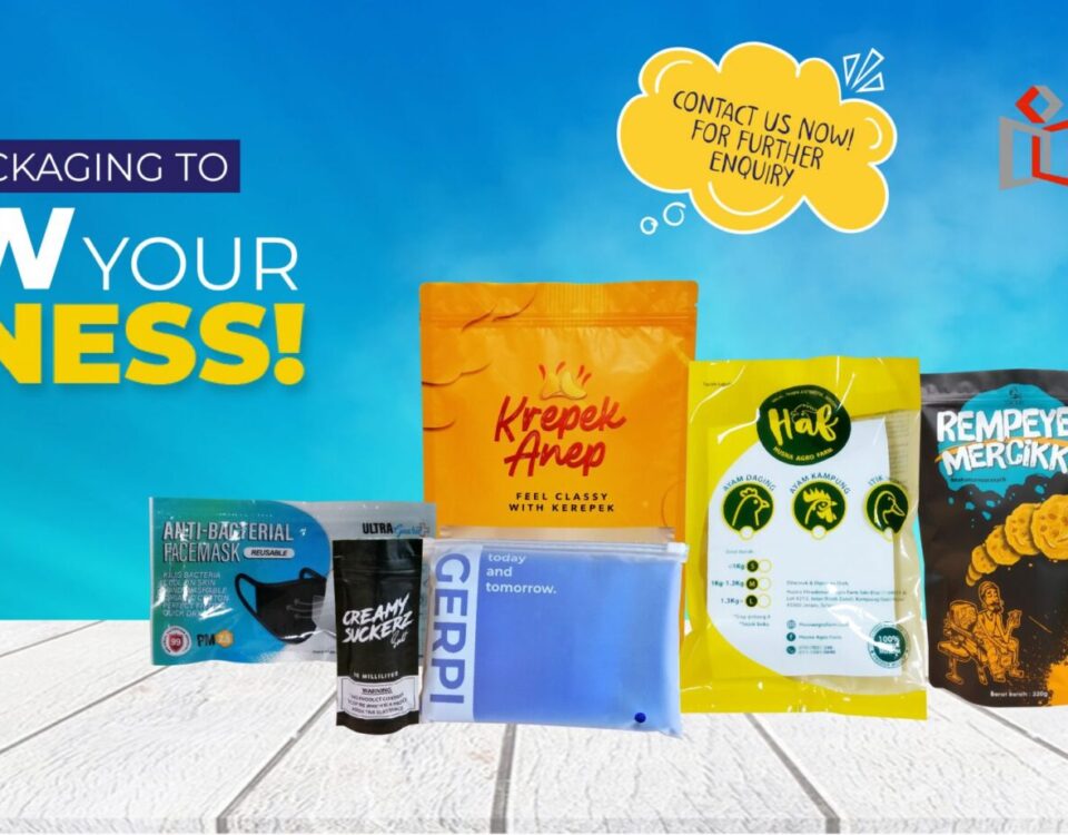 A collection of various product packaging pouches and bags displayed on a white wooden surface against a blue gradient background with promotional text.