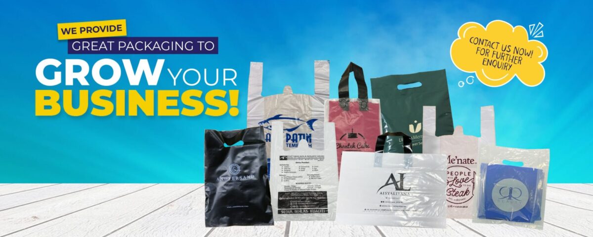 A collection of various plastic shopping bags with handles, displaying different colors, graphics, and printed text, arranged on a wooden surface against a blue sky background.