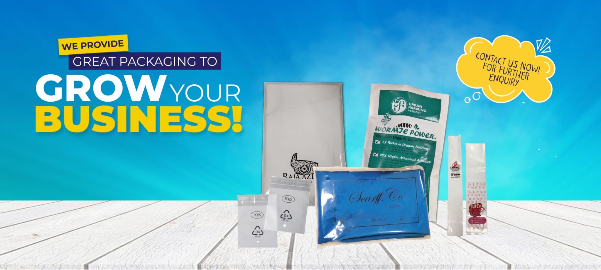 A collection of various packaging items including clear plastic bags with logos, a white bag with a bird graphic, a green bag with text about organic worm compost, a blue folded item in a clear bag, and two small clear bags with product information.