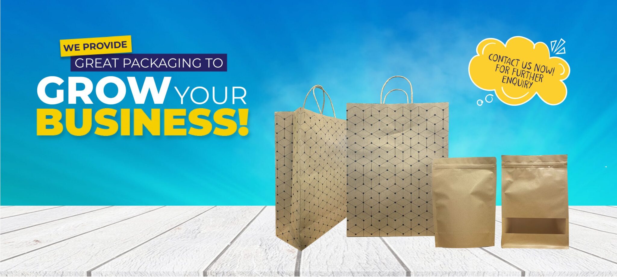 Three different types of packaging: two paper shopping bags with a geometric pattern and rope handles, and two stand-up pouches, one with a clear window.