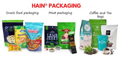 A display of various flexible packaging bags for snacks, meat, coffee and tea
